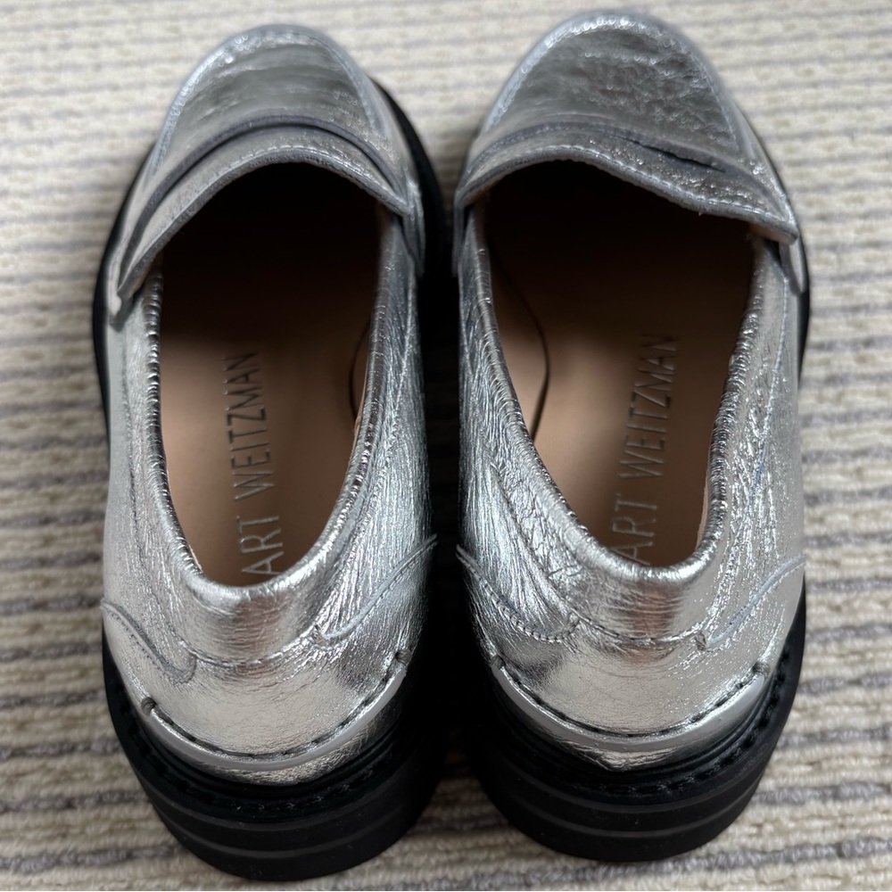Stuart Weitzman Silver Metallic Lug Sole Penny Loafers NWOT - Women’s 5B - Picture 7 of 9